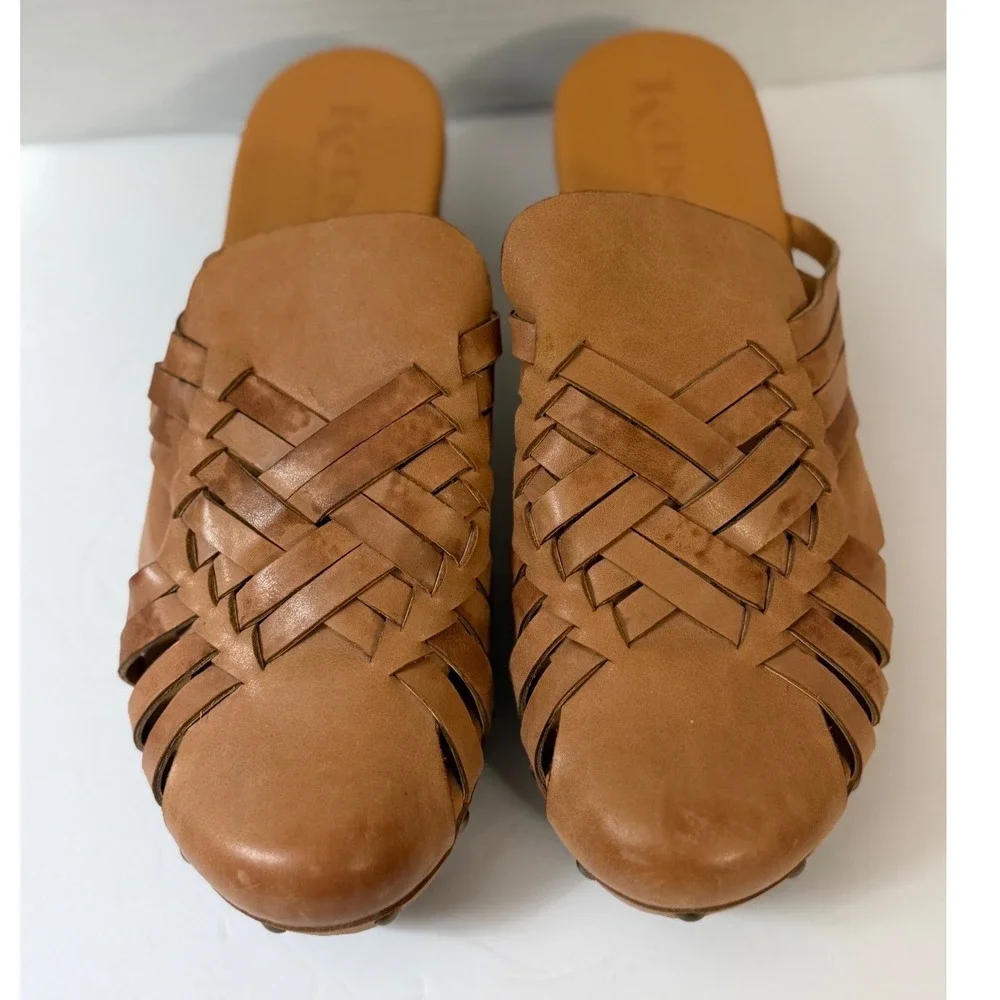 Korks by Kork-Ease Tan Woven Leather Wood Wedge Clogs Mules Size US 11 EU 43 - Picture 2 of 14